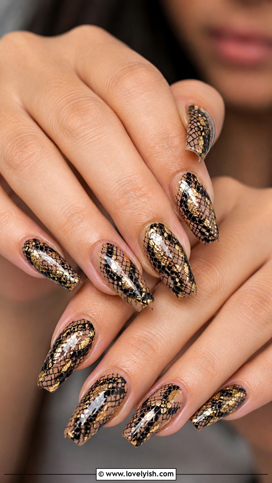 Black and Gold Snakeskin Print Nails - 50 black and gold nail designs - 50 black and gold nail designs