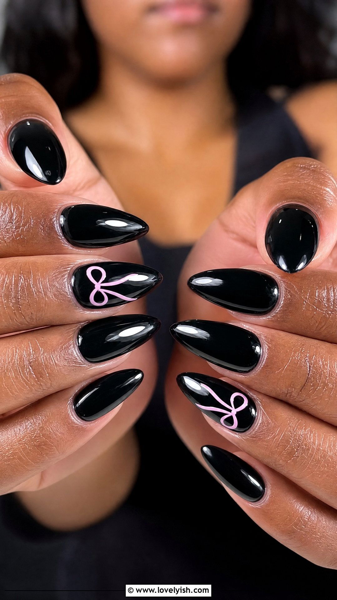 Black and Pink Bow Nails - 50 black nails - 50 black nails