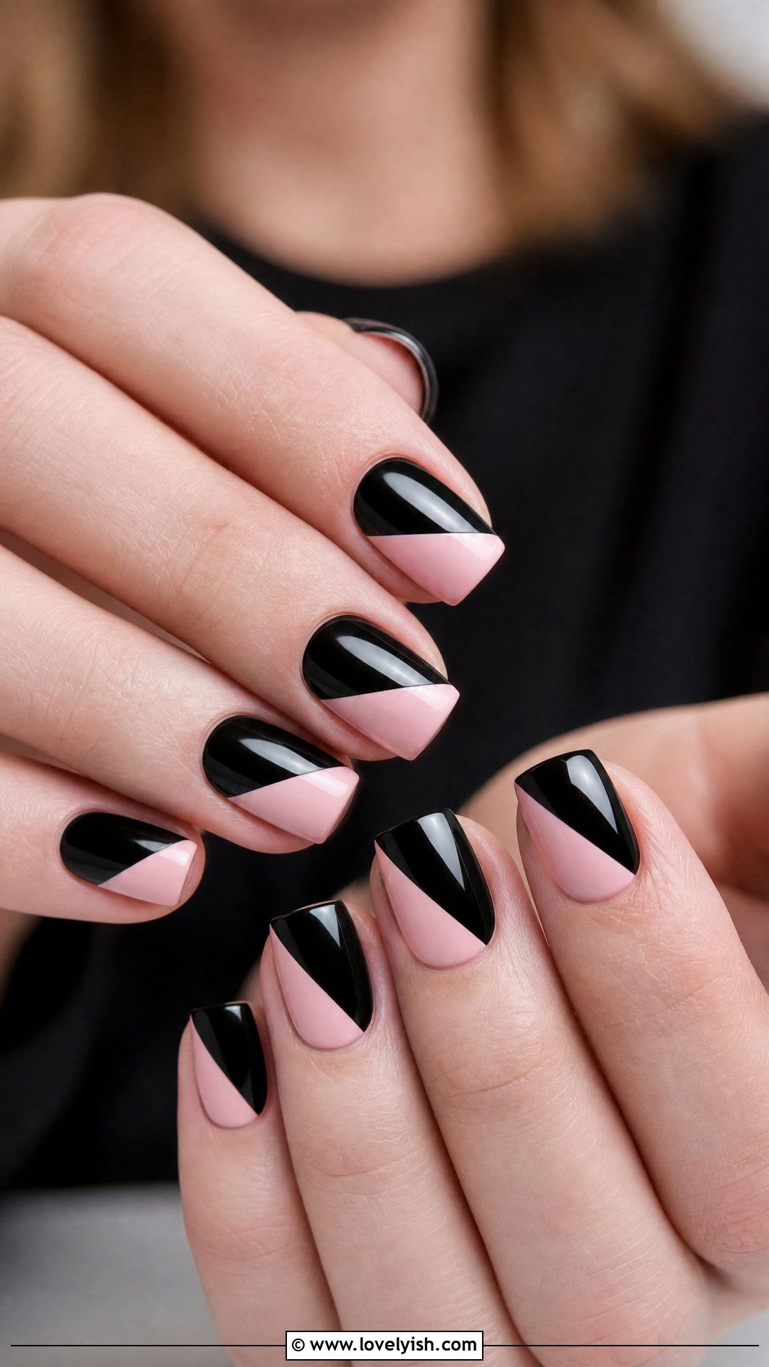 Black and Pink Color Block Nails - 50 short black nail designs - 50 short black nail designs