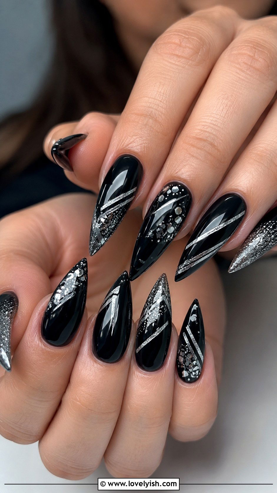 Black and Silver Glitter Nails - 50 glitter nails - 50 glitter nails