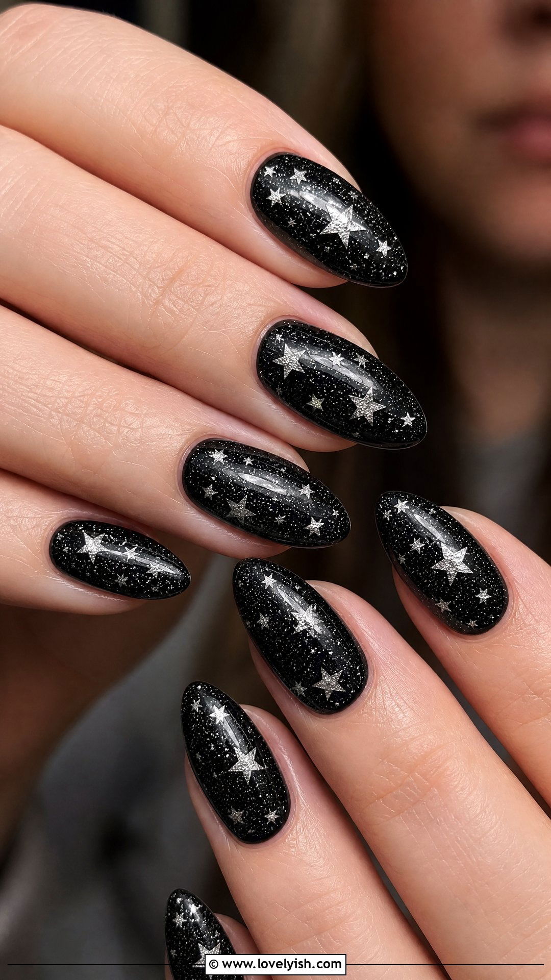 Black and Silver Glitter Star Nails - 50 star nails - 50 star nails
