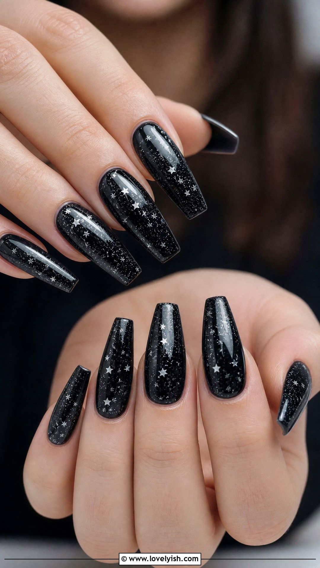 Black and Silver Star Glitter Nails - 50 sparkly nails - 50 sparkly nails