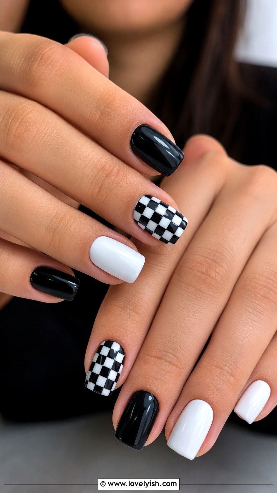 Black and White Checkerboard Nails - 34 nail design art ideas - 34 nail design art ideas