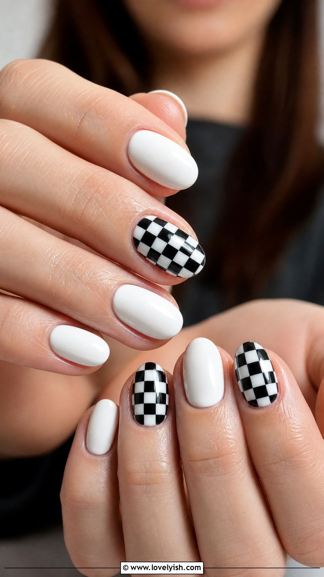 Black and White Checkerboard Short Oval Nails - 50 short oval nails - 50 short oval nails