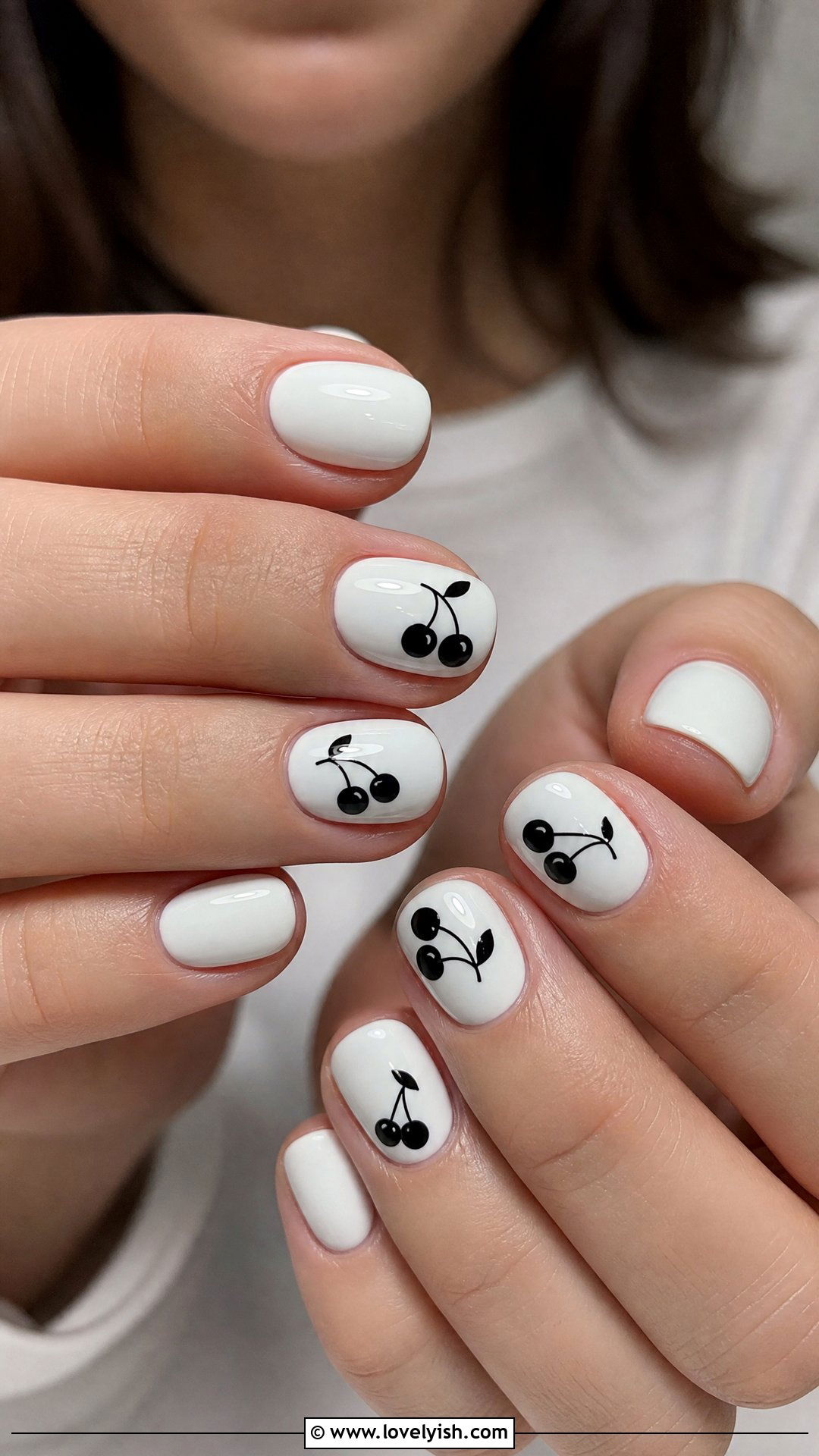 Black and White Cherry Print Nails - 50 black and white nail designs - 50 black and white nail designs