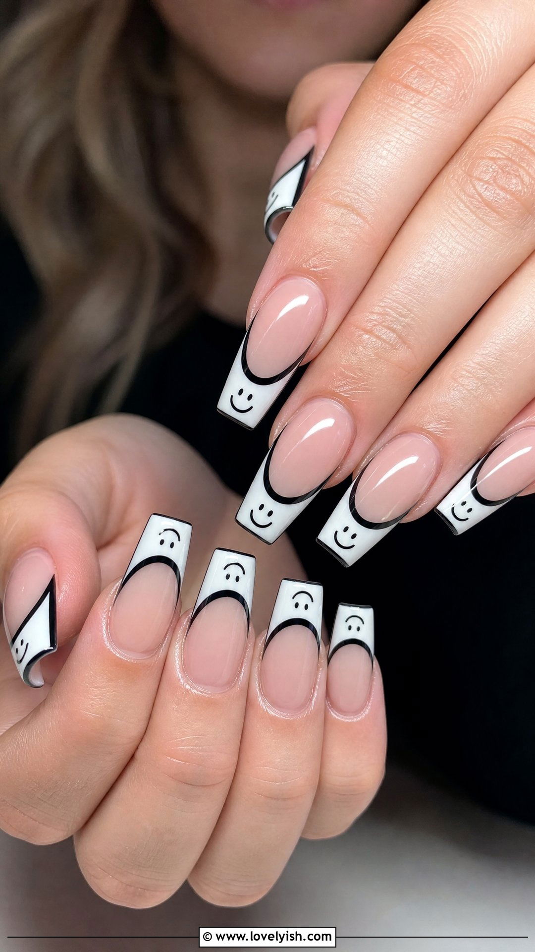 Black and White Smiley Face French Tip Nails - 50 smiley face nails - 50 smiley face nails