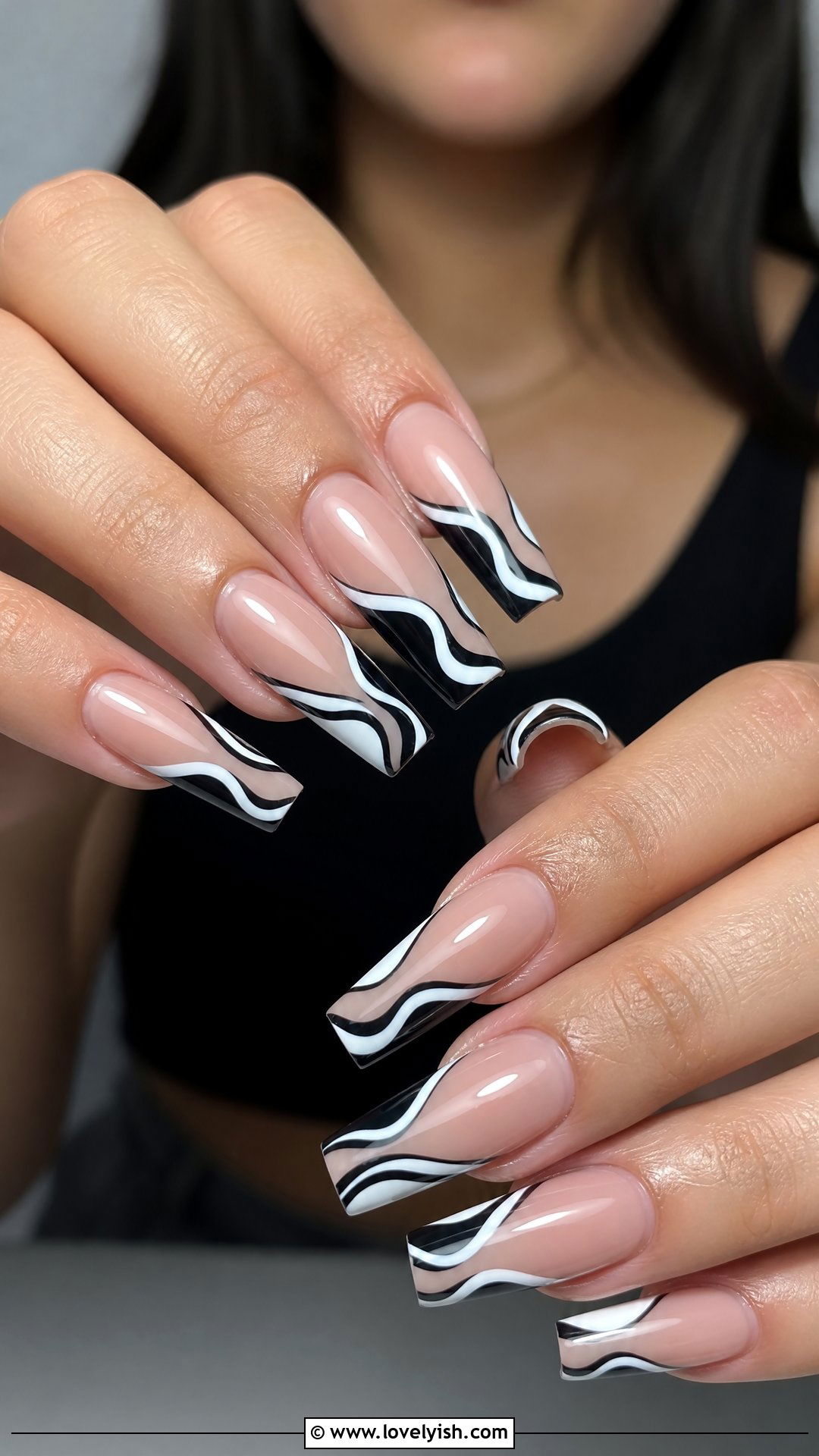 Black and White Swirl French Tip Nails - 50 swirl nails - 50 swirl nails