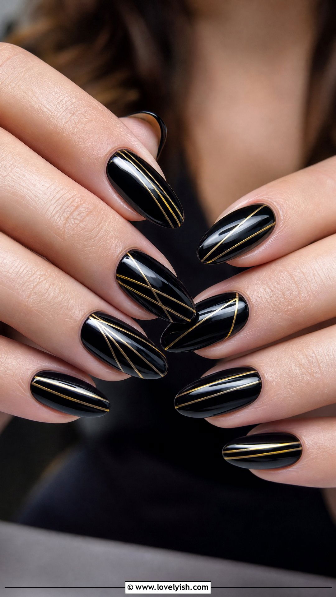 Black with Gold Pinstripes Nails - 50 dark nail designs - 50 dark nail designs