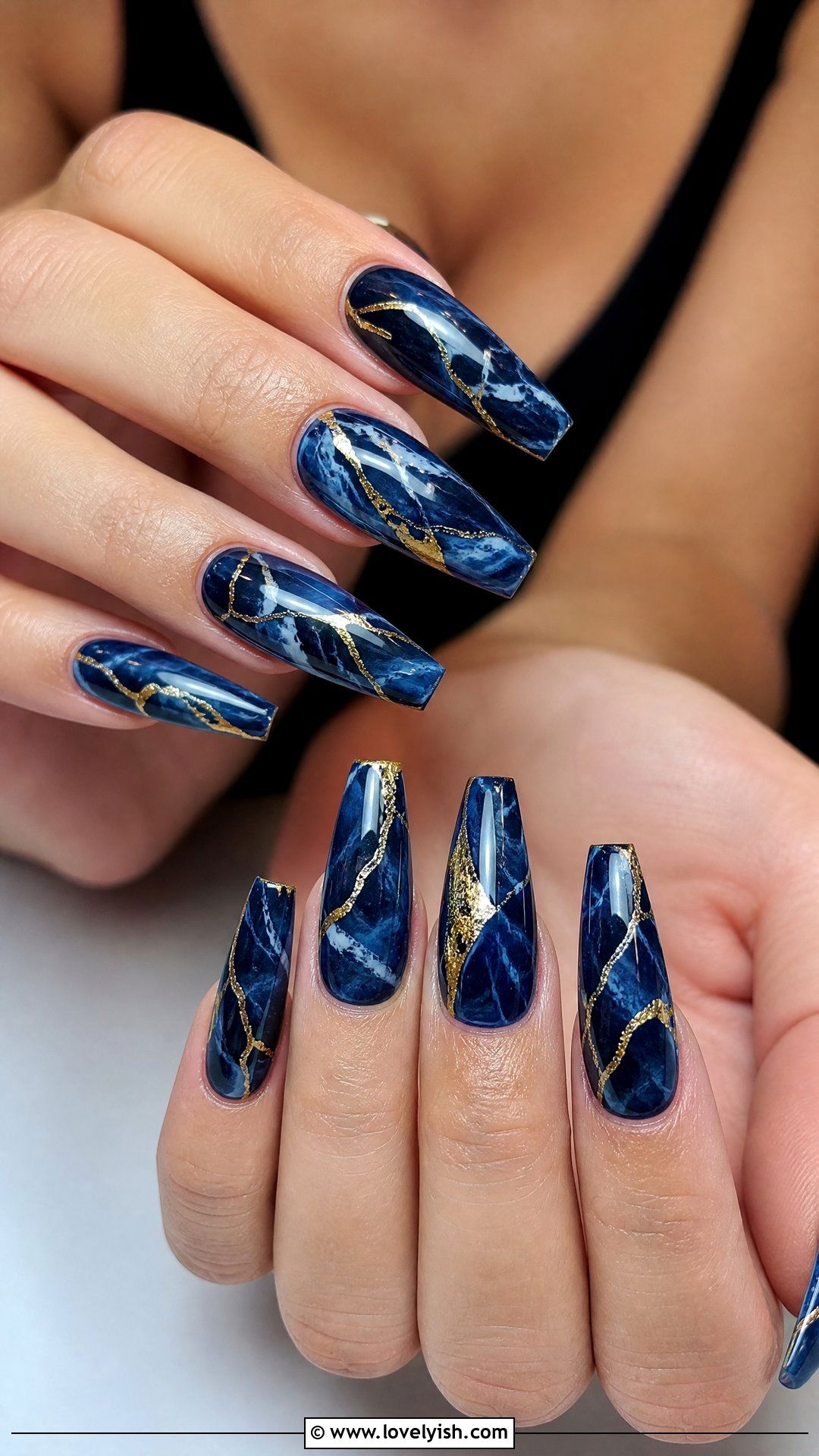 Blue and Gold Marble Nails - 50 blue nails - 50 blue nails