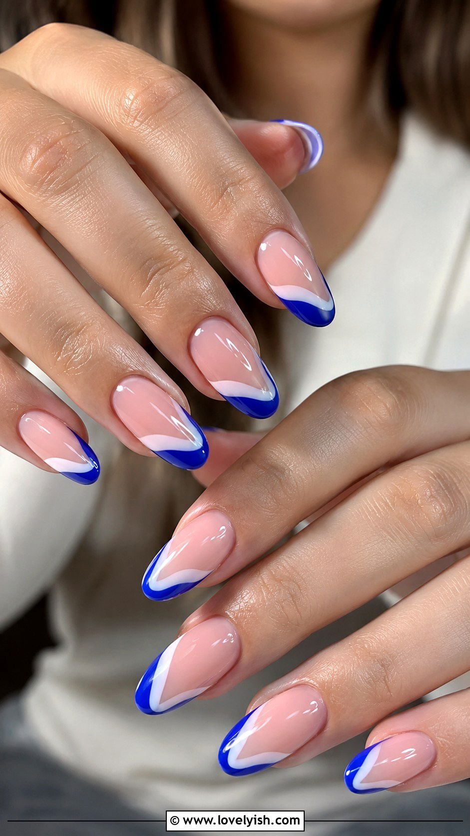 Blue and White Wave French Tip Nails - 38 beach nail designs - 38 beach nail designs
