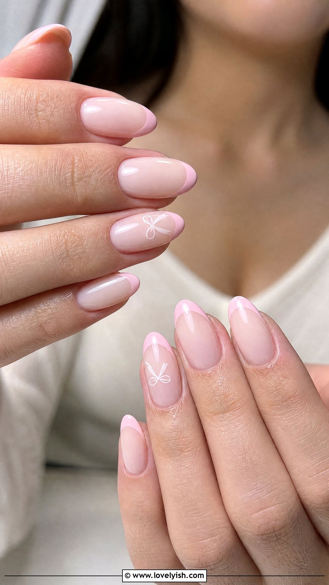 Blush French with Bow Detail - 50 classy spring nail designs - 50 classy spring nail designs