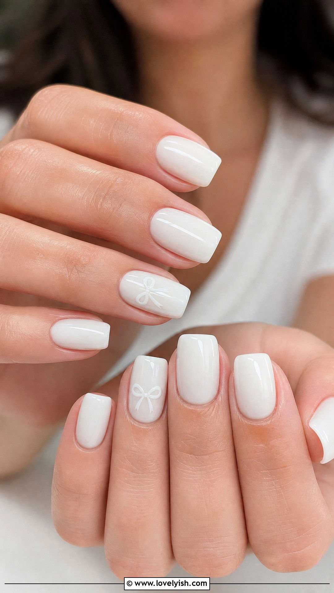 Bow Accent White Nails - 25 bridal nail ideas - 25 bridal nail ideas