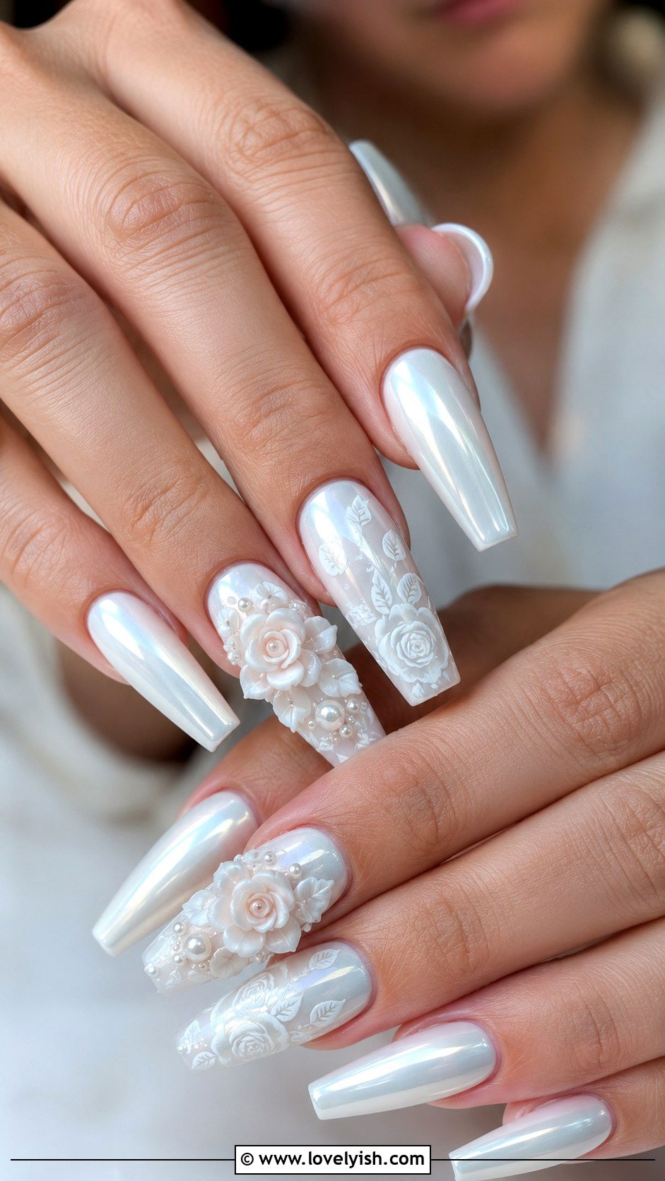 Bridal White Chrome Coffin Nails With Florals - 50 white chrome nails - 50 white chrome nails