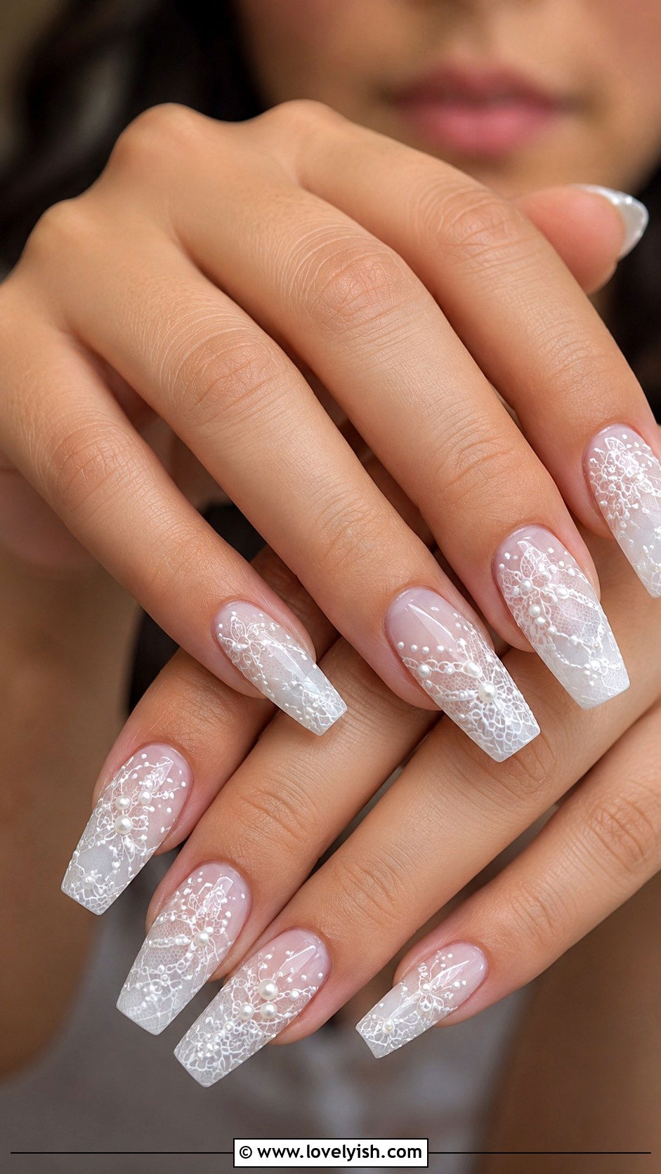 Bridal White Lace Coffin Nail Extensions - 48 nail extensions - 48 nail extensions