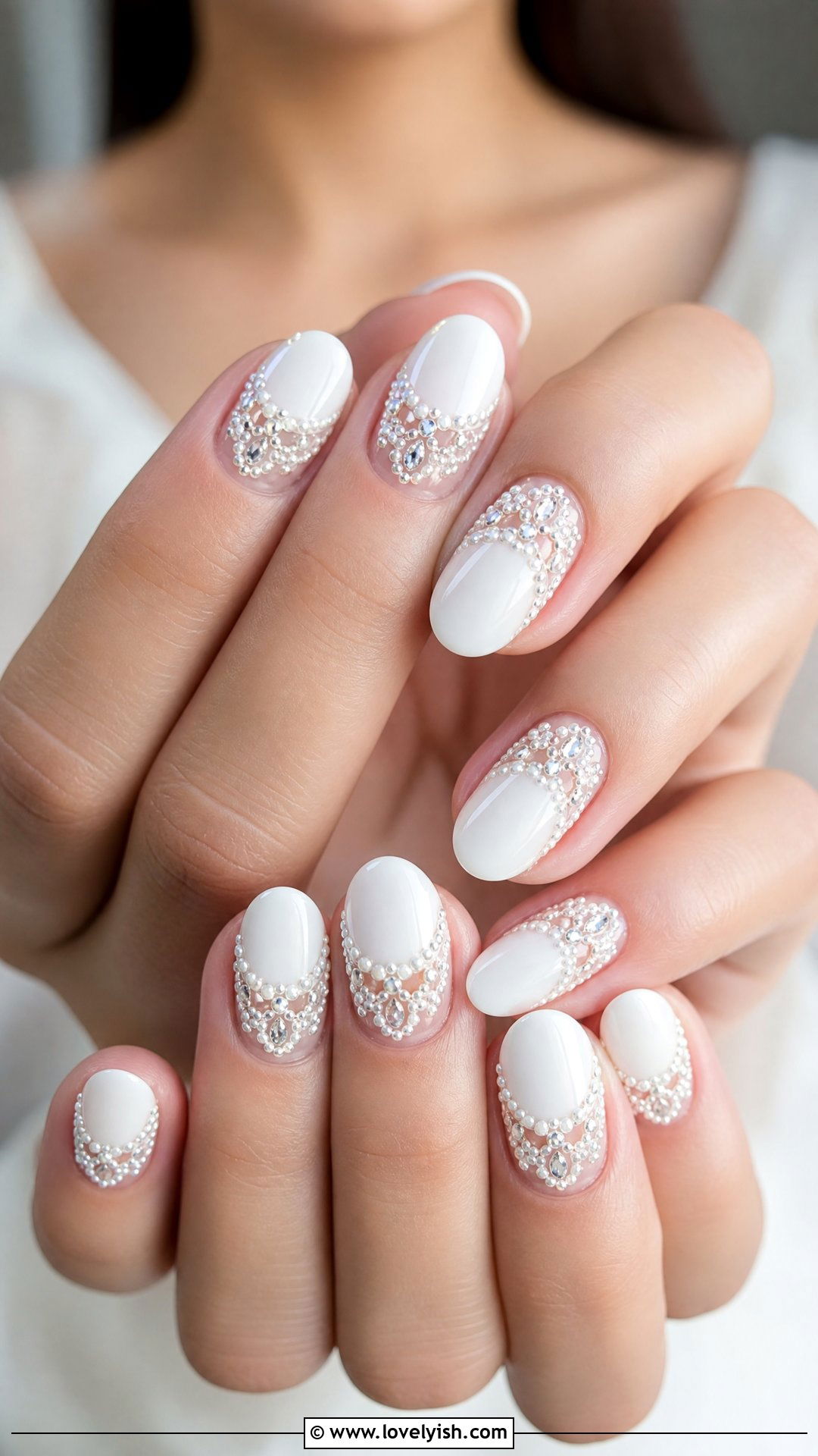 Bridal White Nails With Rhinestone Lace Pattern - 29 nail designs with rhinestones - 29 nail designs with rhinestones