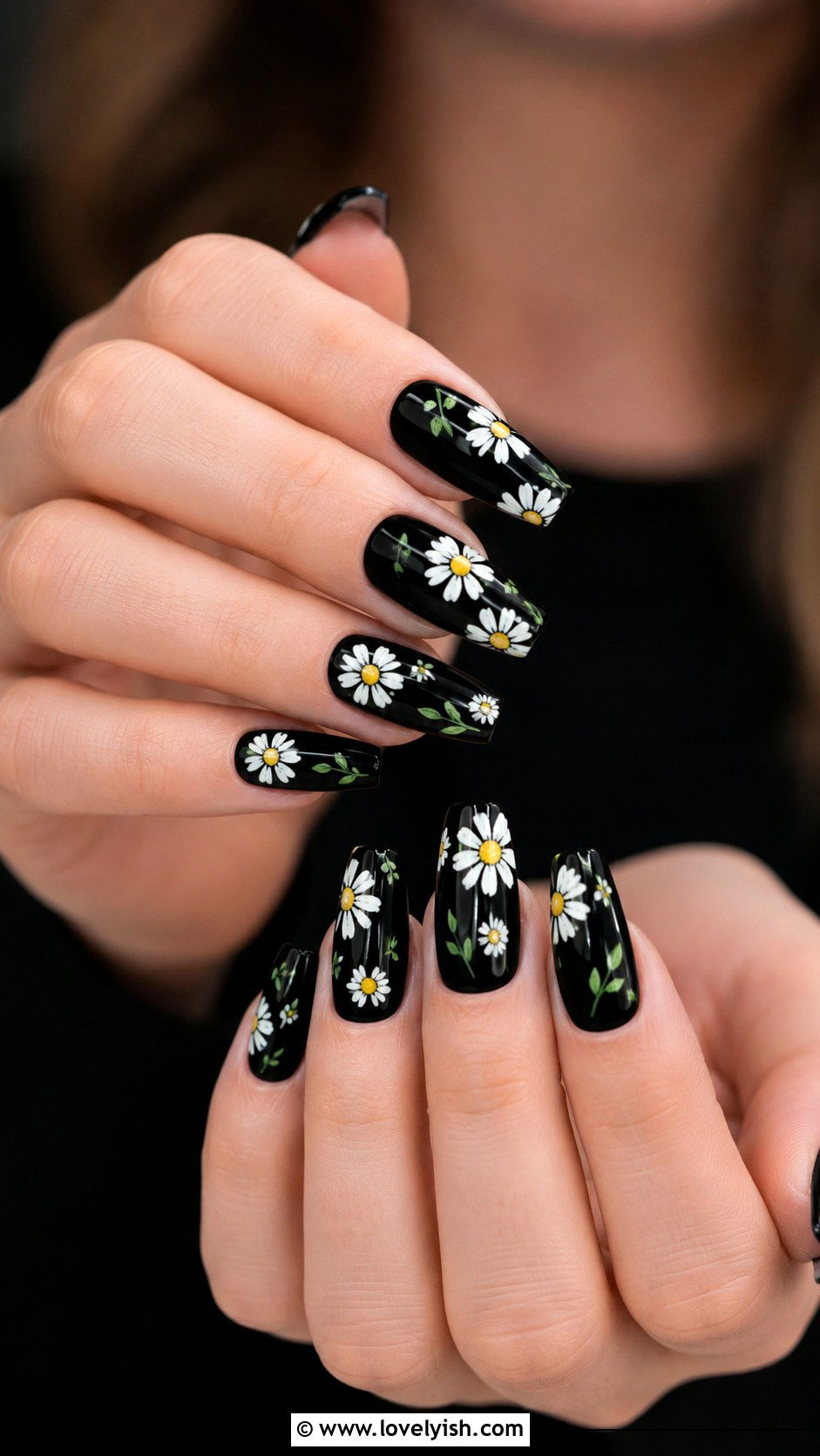 Bright Daisy Nails on Black Base - 31 flower nail design ideas - 31 flower nail design ideas