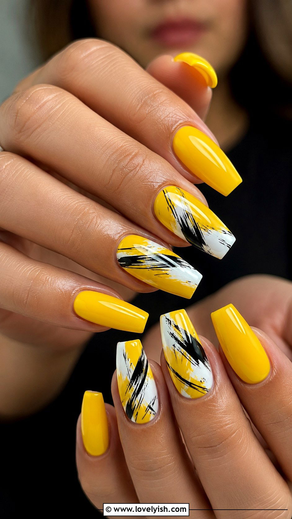 Bright Yellow Nails with Abstract Art - 50 yellow nails - 50 yellow nails
