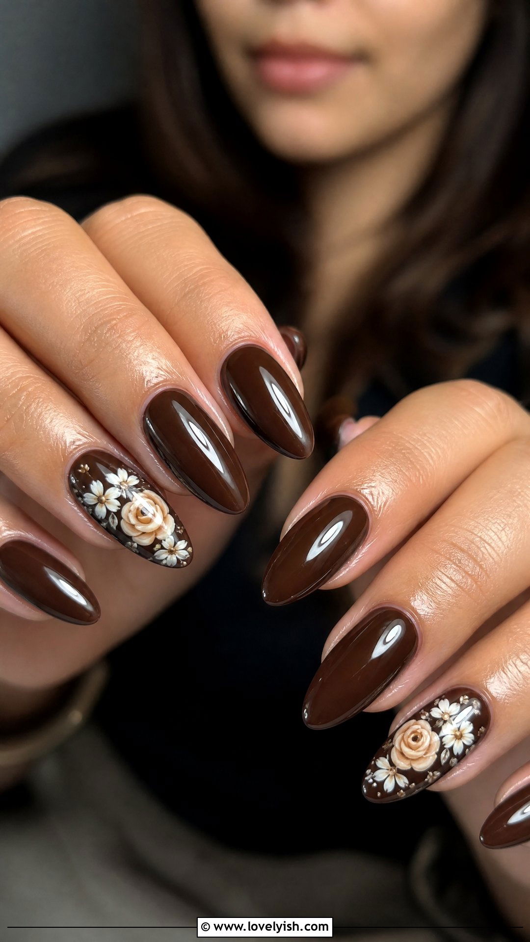 Brown Floral Accent Nails - 25 brown nail designs - 25 brown nail designs