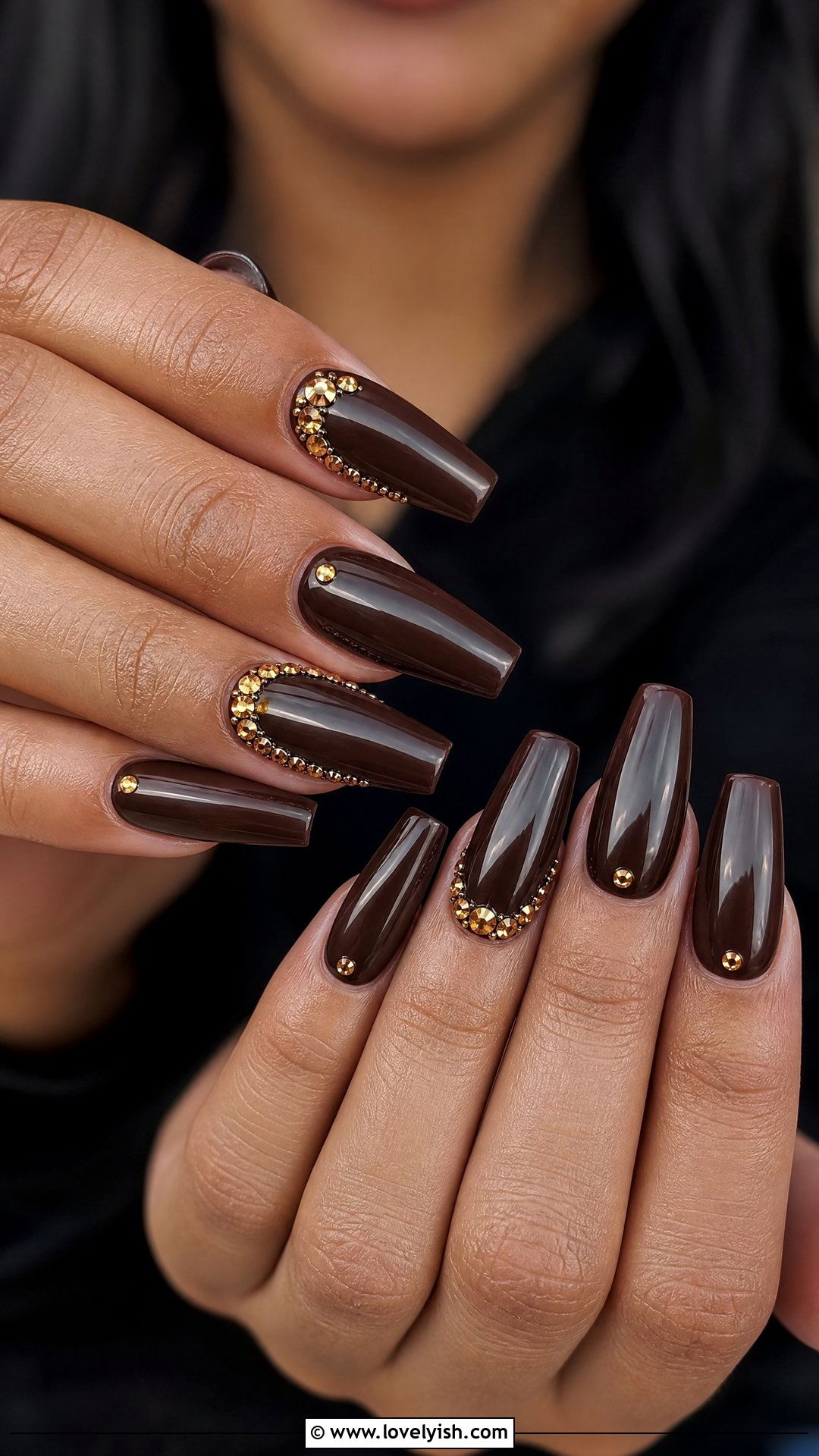 Brown and Gold Rhinestone Accent Nails - 50 brown nails - 50 brown nails