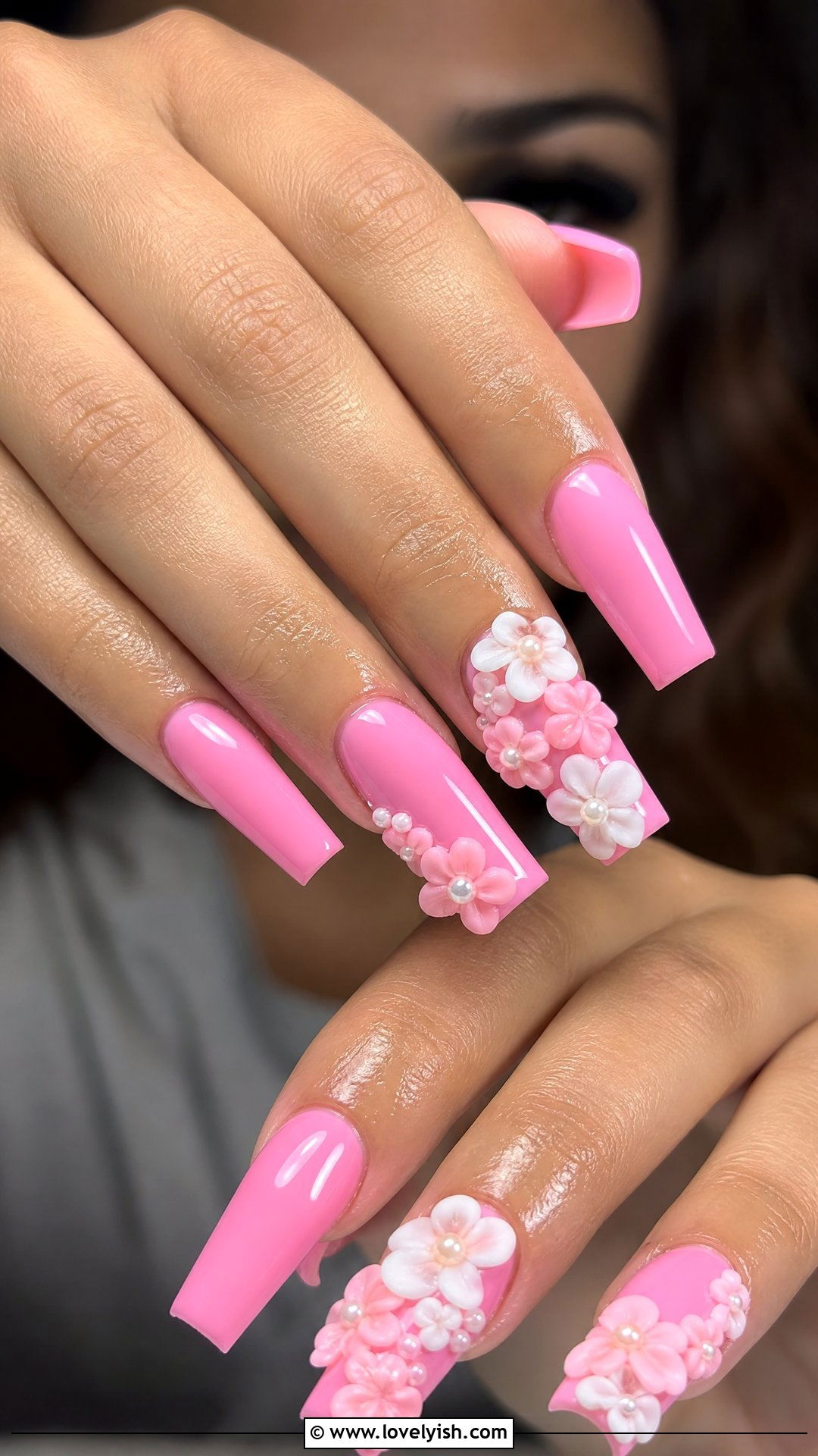 Bubblegum Pink 3D Flower Nails - 40 nail design template - 40 nail design template