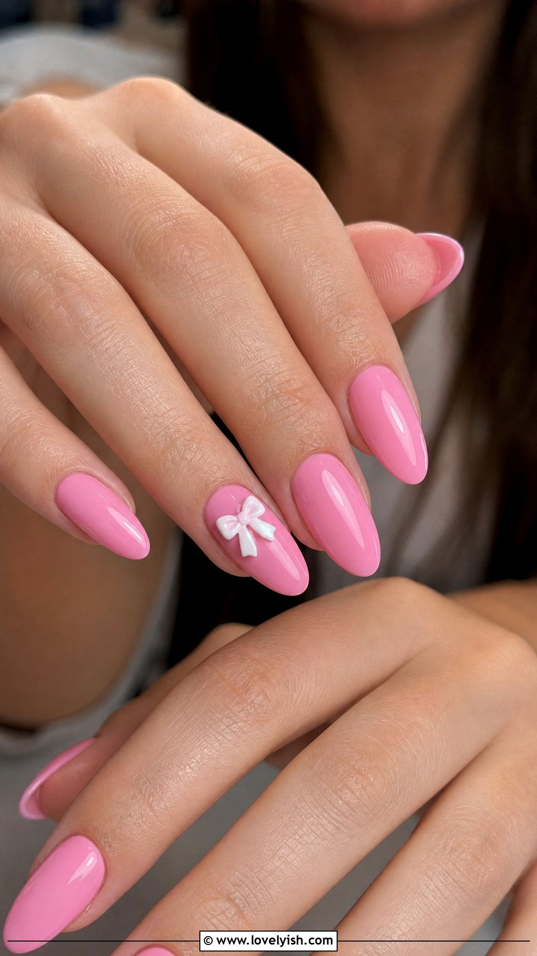 Bubblegum Pink With Bow Accent Nails - 25 preppy nail designs - 25 preppy nail designs