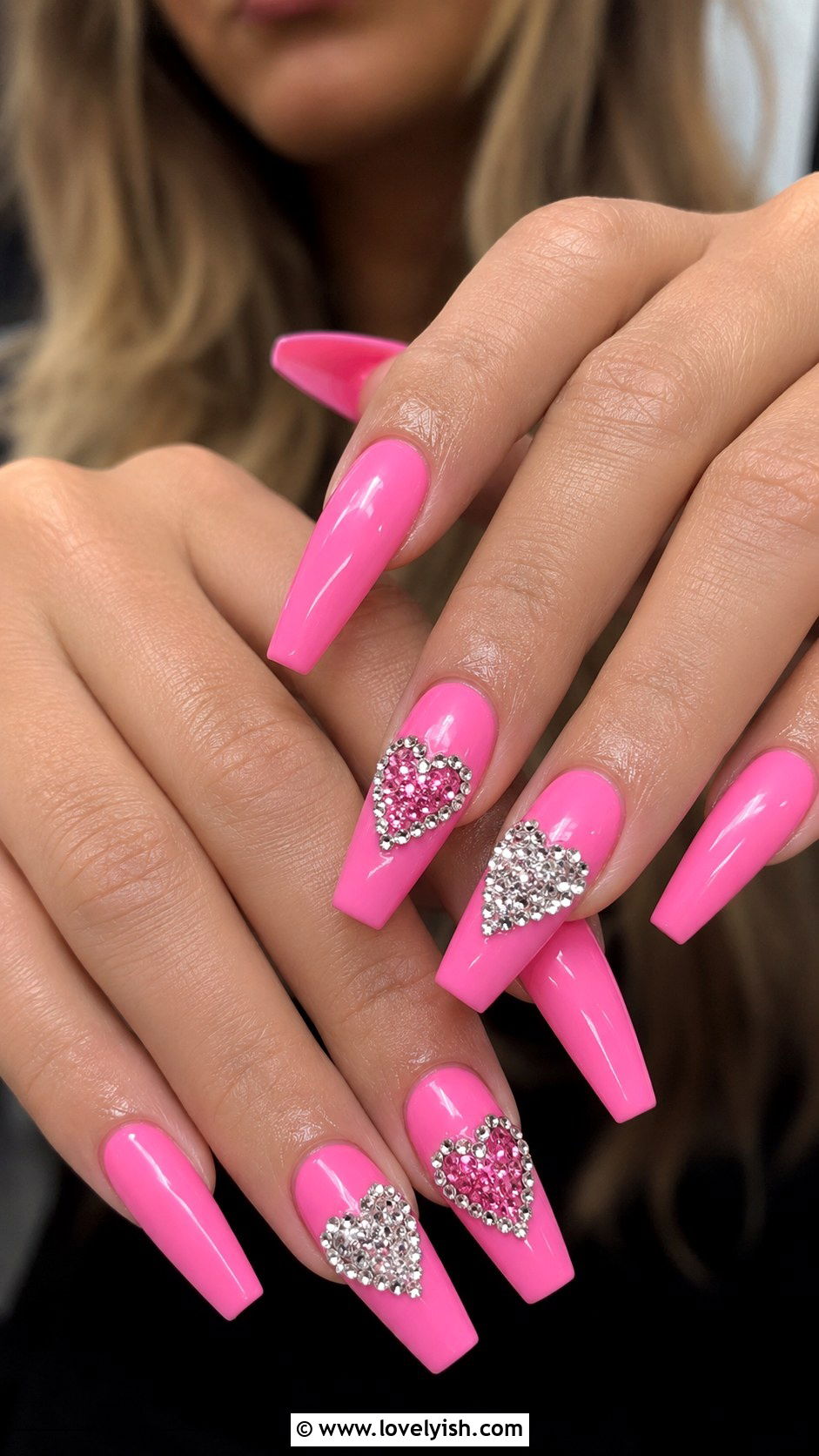 Bubblegum Pink With Rhinestone Heart Nails - 50 long pink nails - 50 long pink nails