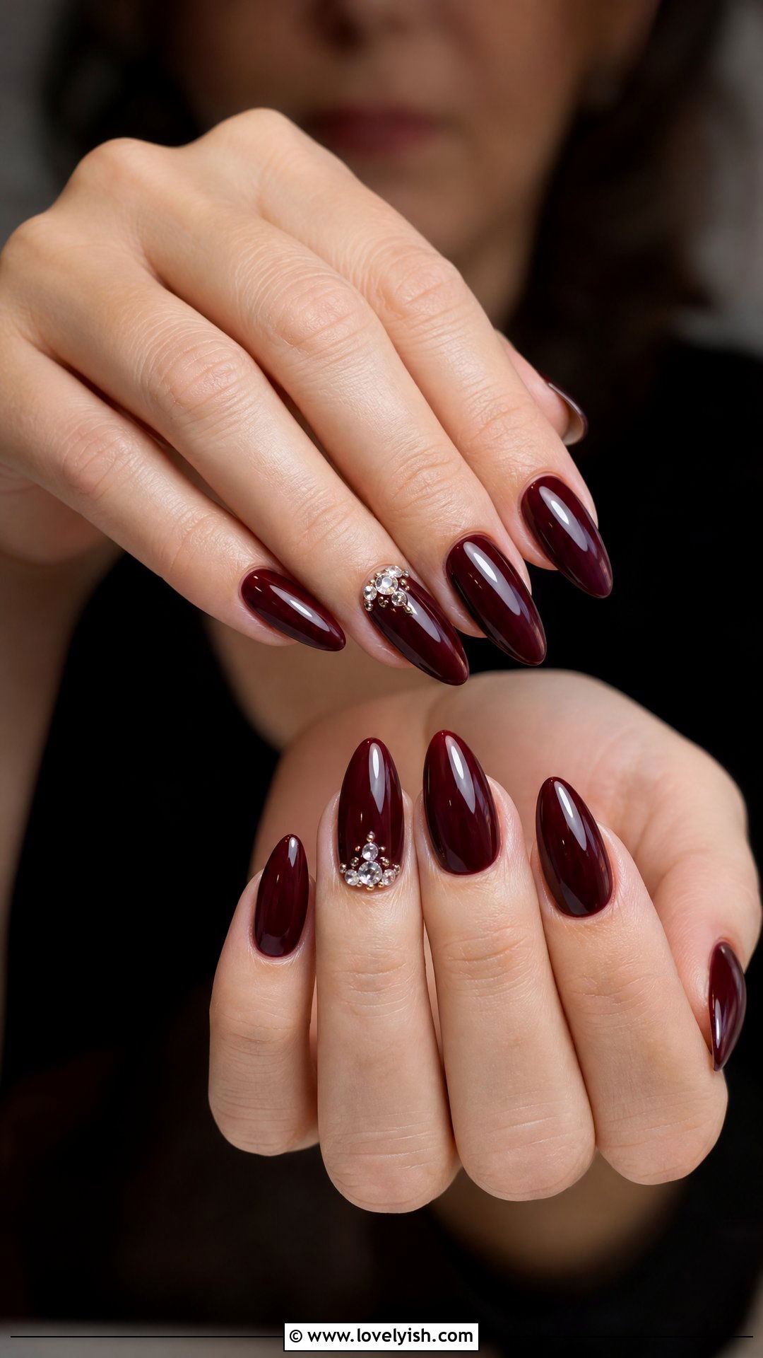 Burgundy Almond Nails With Diamond Cluster - 30 nail designs with diamonds - 30 nail designs with diamonds