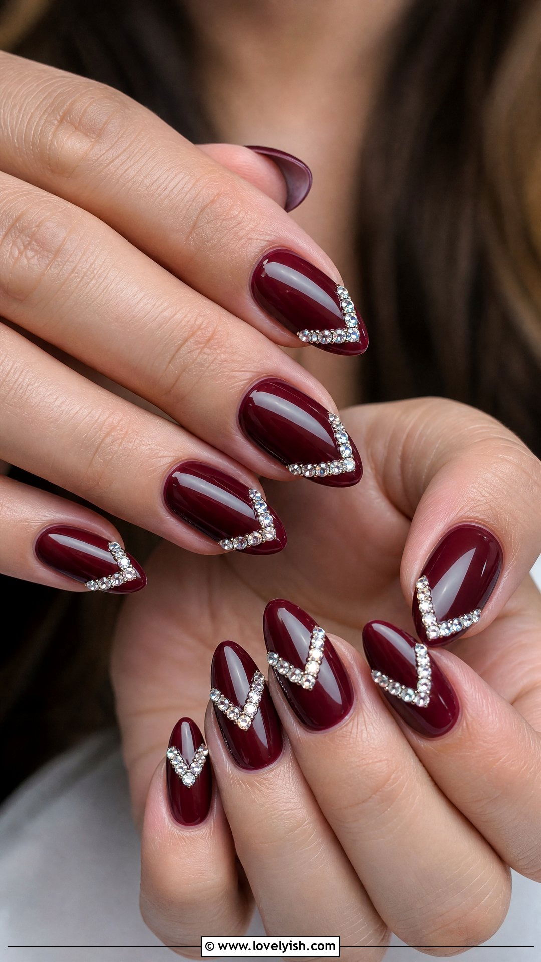 Burgundy Almond Nails With Rhinestone V Tip - 29 nail designs with rhinestones - 29 nail designs with rhinestones