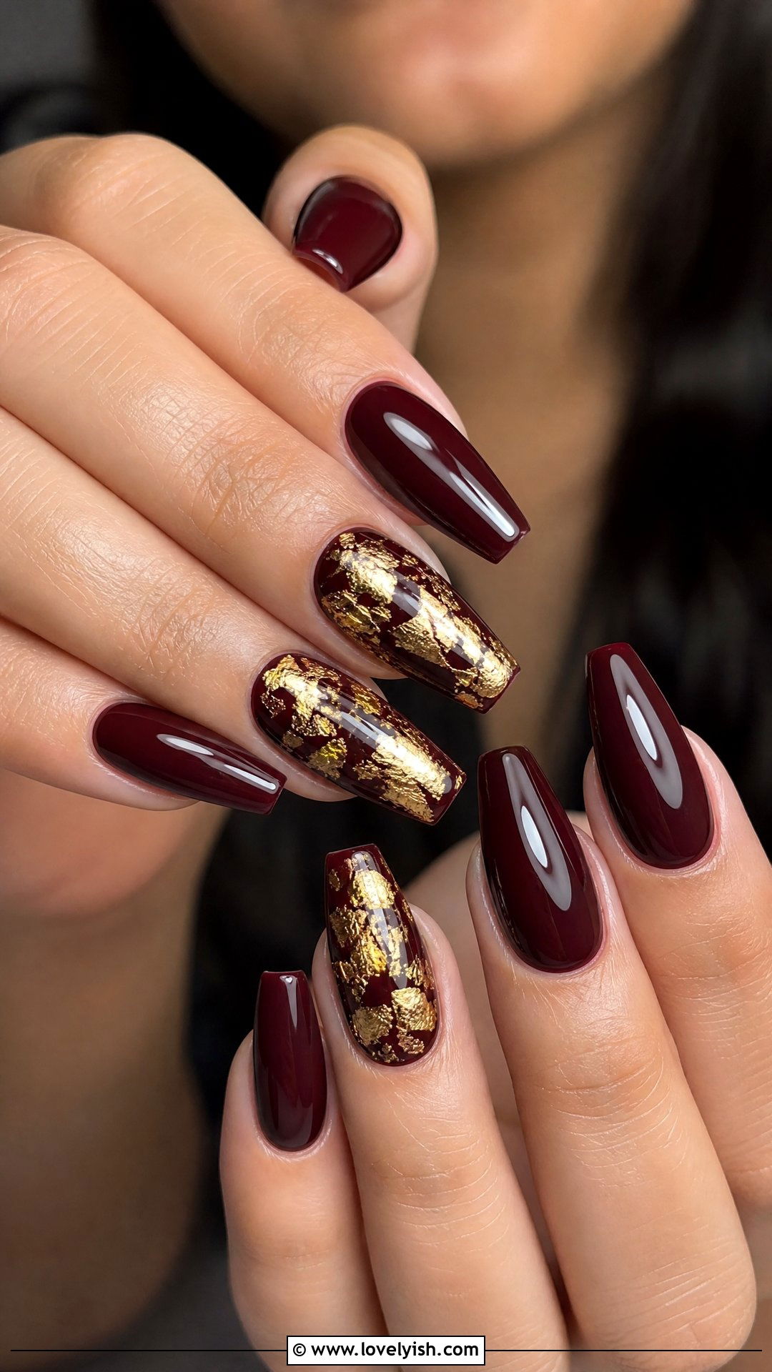 Burgundy And Gold Foil Nails - 25 gold nail designs - 25 gold nail designs