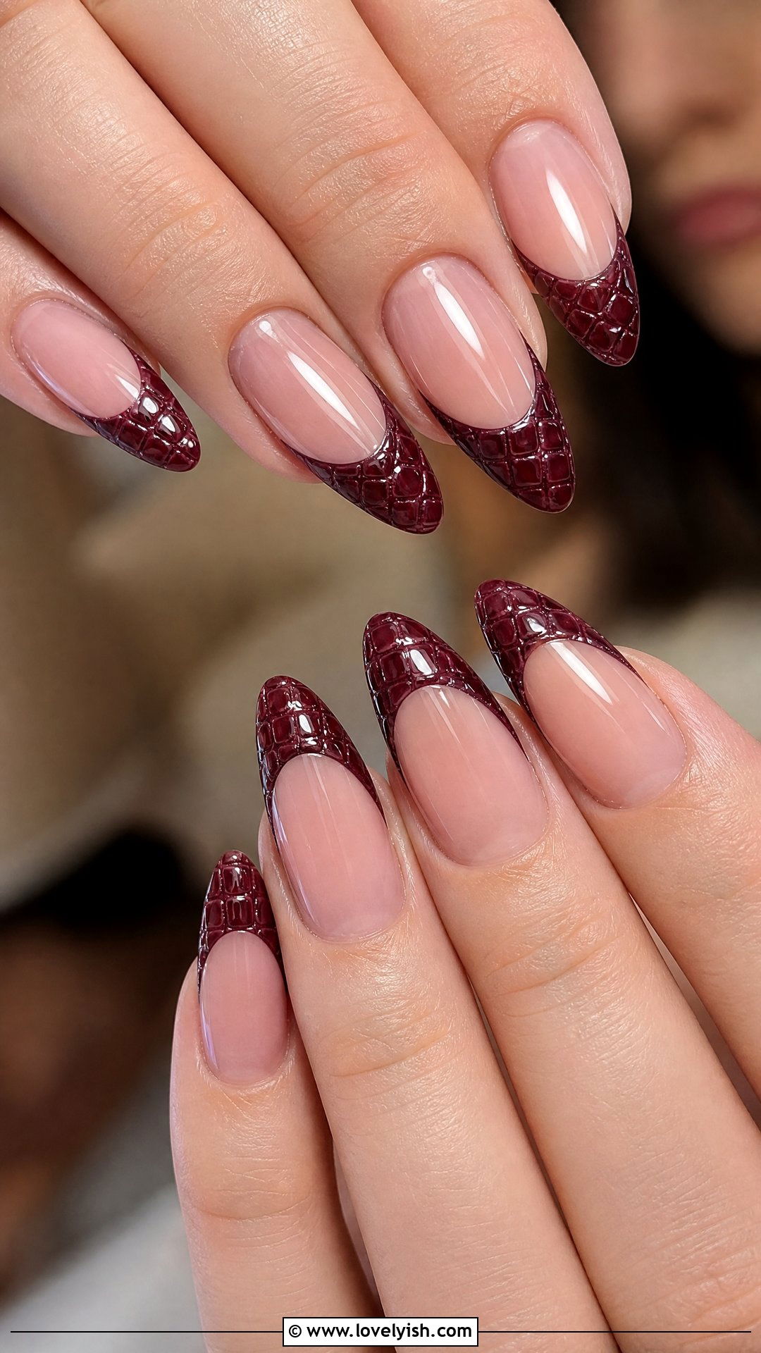 Burgundy Croc Print French Nails - 50 dark nail designs - 50 dark nail designs