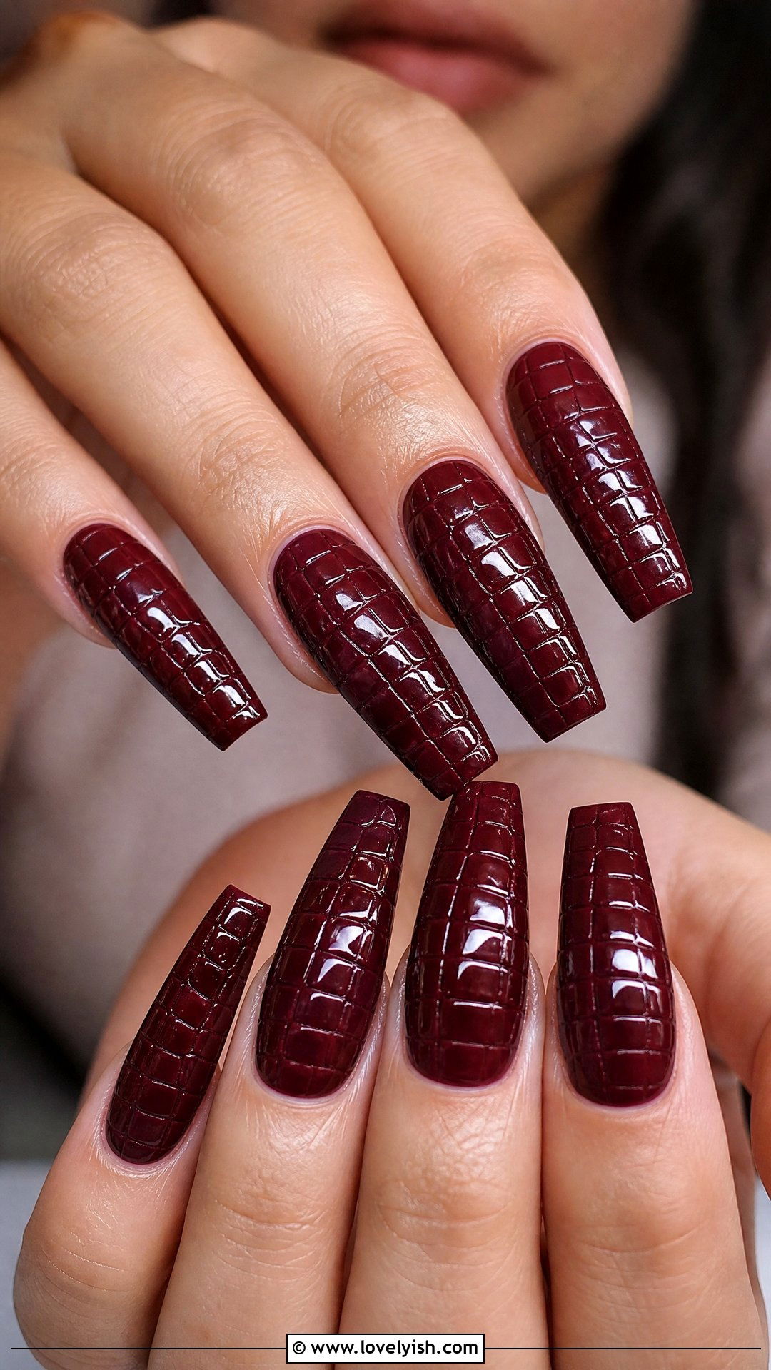 Burgundy Croc Print Long Nails - 28 nail designs for long nails - 28 nail designs for long nails