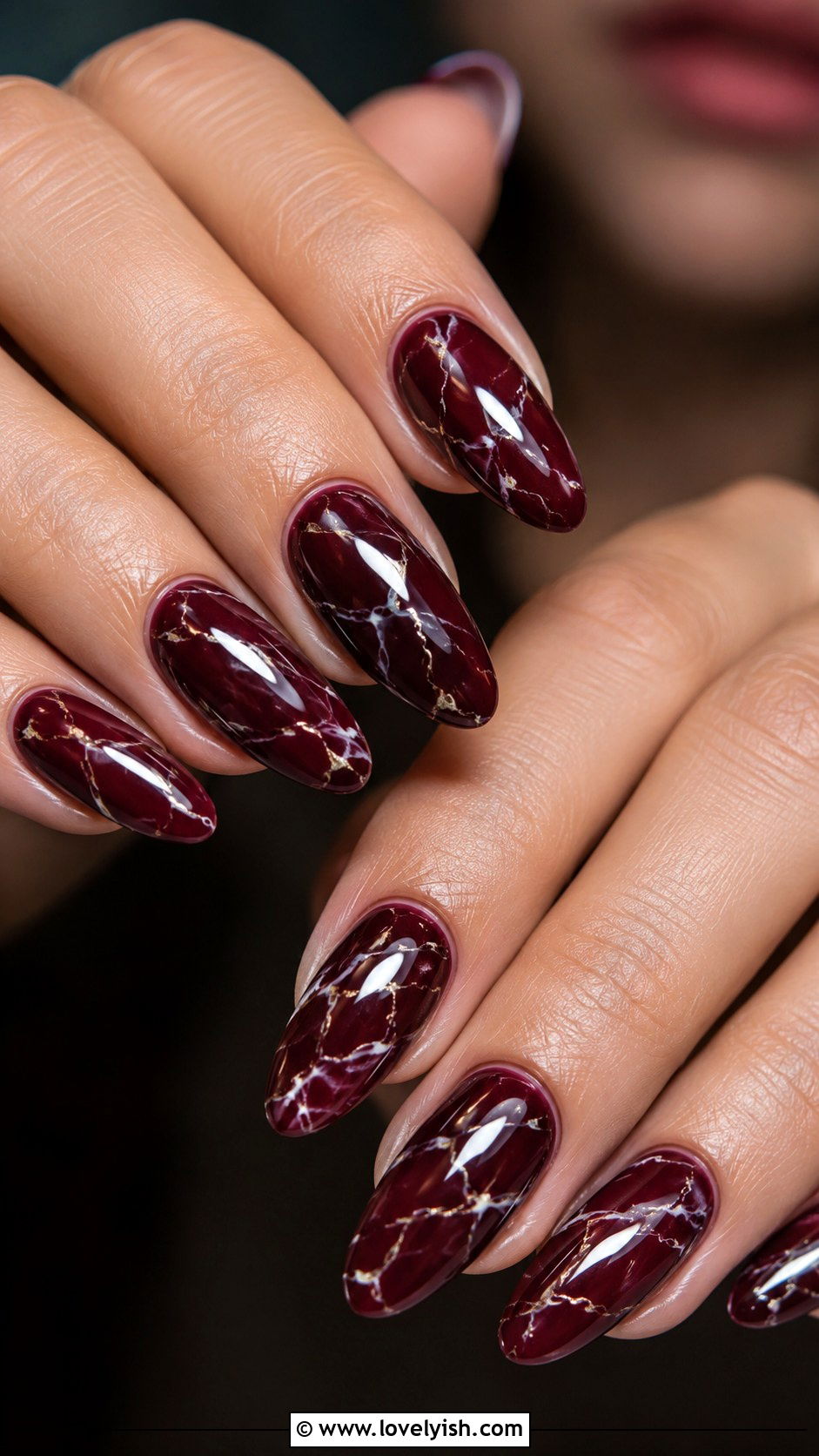 Burgundy Nails with White Marble Veins - 50 wine nails - 50 wine nails