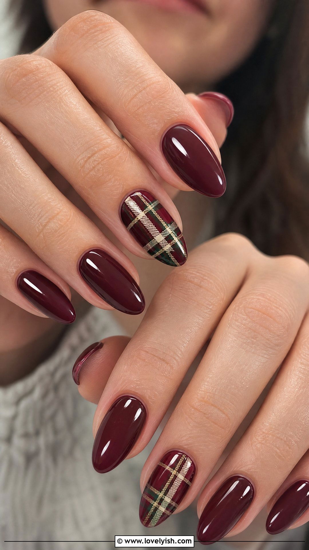 Burgundy Plaid Accent Nails - 25 holiday nail designs - 25 holiday nail designs