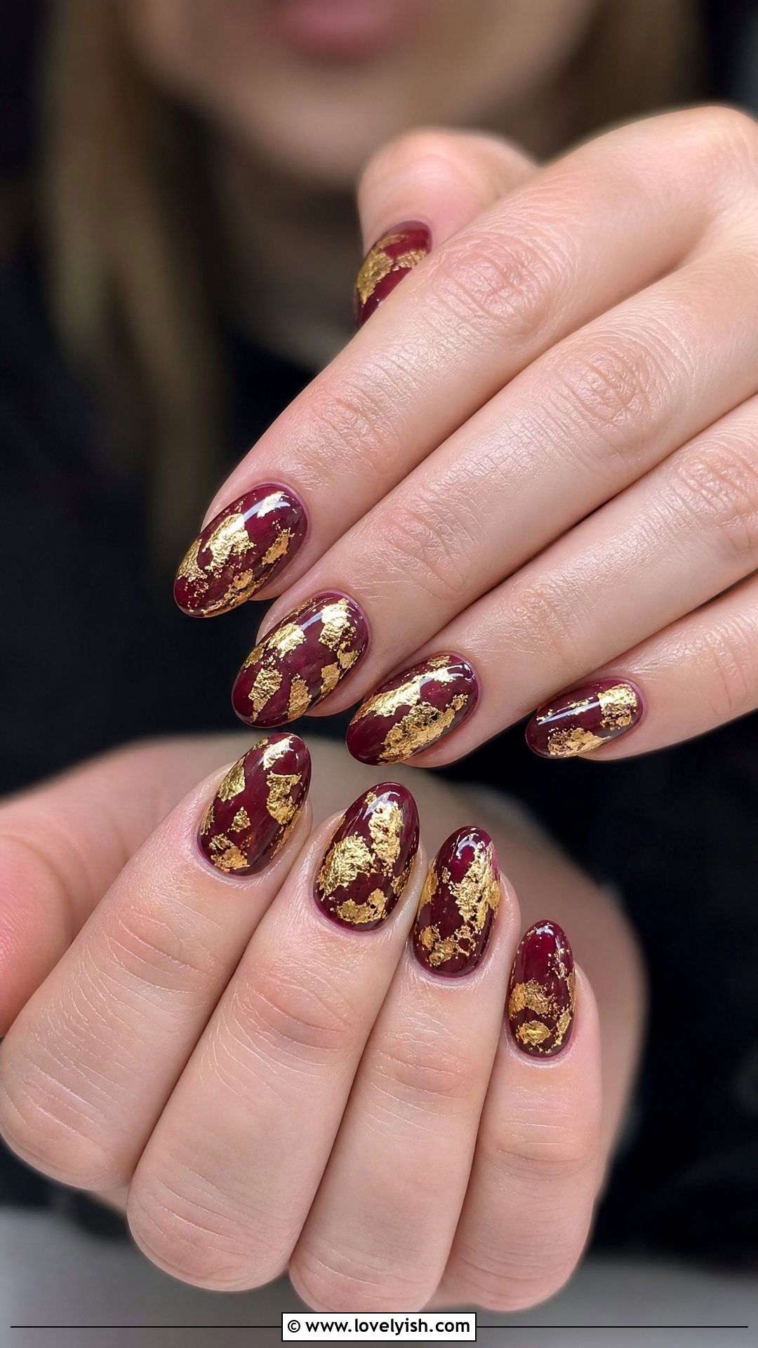Burgundy With Gold Leaf Accents - 50 red and gold nail design ideas - 50 red and gold nail design ideas