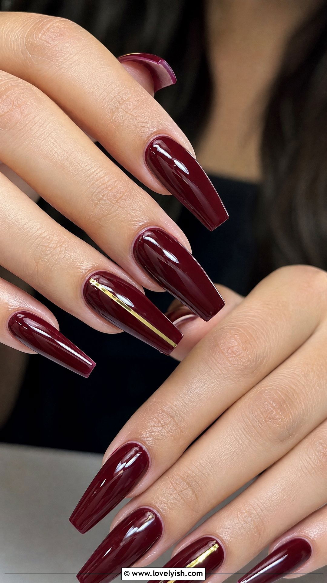 Burgundy and Gold Accent Nails - 50 classic nail designs - 50 classic nail designs