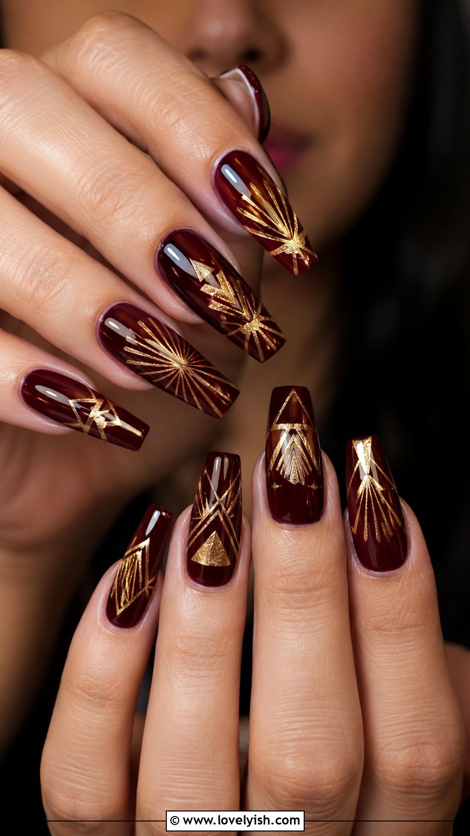 Burgundy and Gold Art Deco Nails - 50 geometric nails - 50 geometric nails