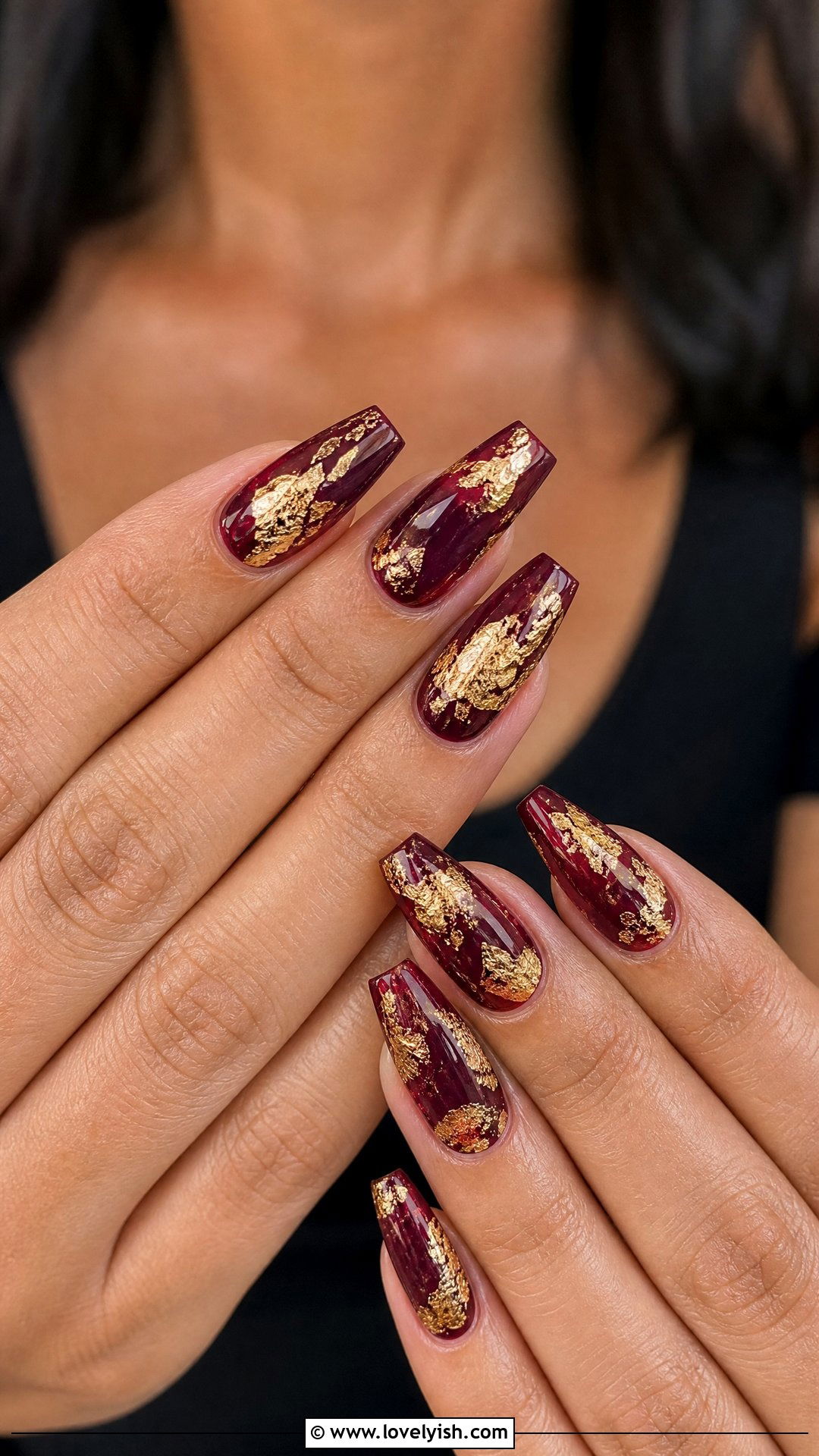 Burgundy and Gold Foil Nails - 25 burgundy nail designs - 25 burgundy nail designs