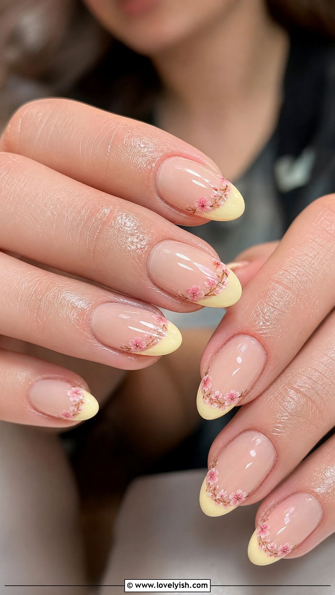 Butter Yellow Cherry Blossom French Tip Nails - 50 cherry blossom nails - 50 cherry blossom nails
