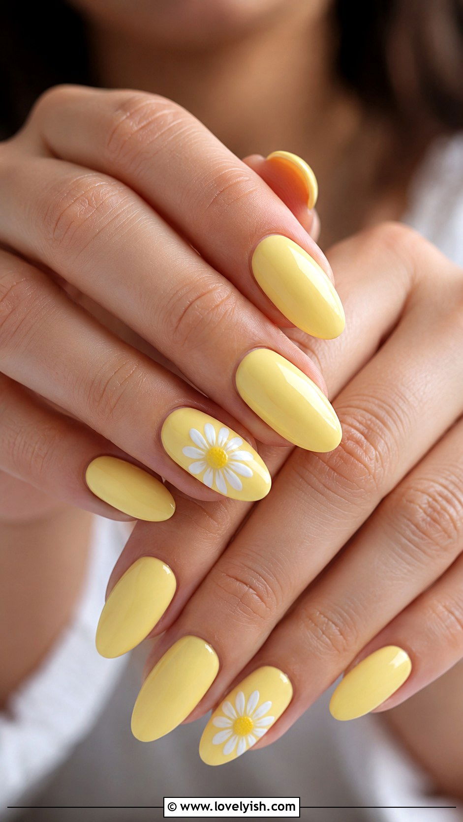 Butter Yellow Gel Nails With Daisy Accent - 25 gel nail art ideas - 25 gel nail art ideas