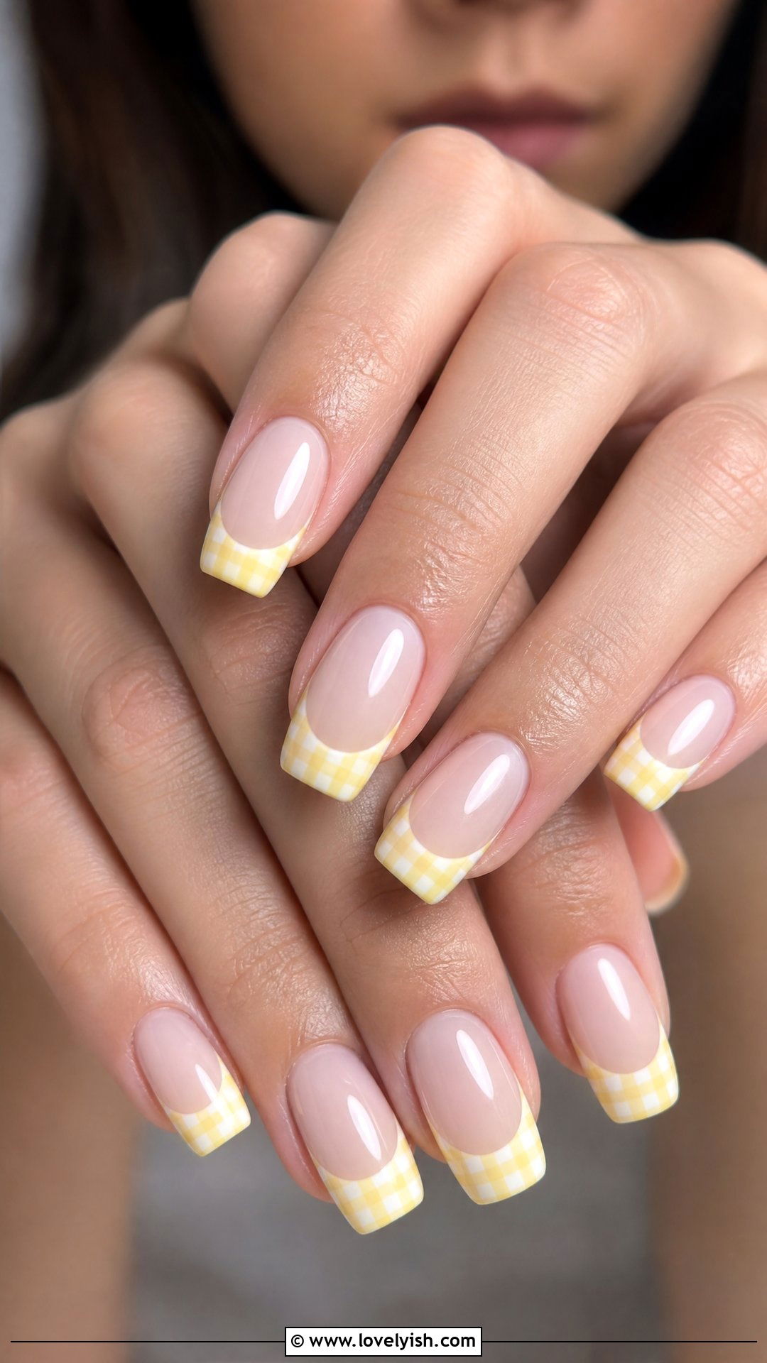 Butter Yellow Gingham French Tips - 25 preppy nail designs - 25 preppy nail designs