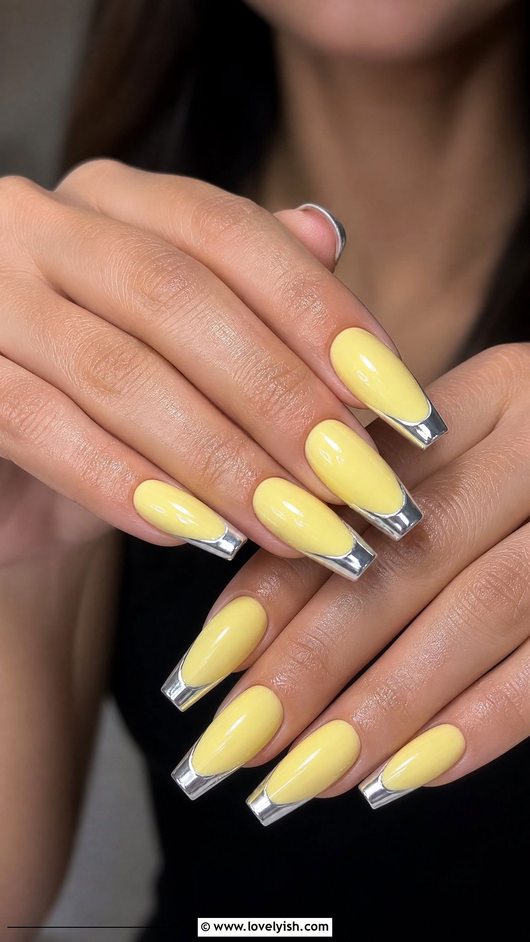 Butter Yellow with Silver Chrome Tips - 50 butter yellow nails - 50 butter yellow nails