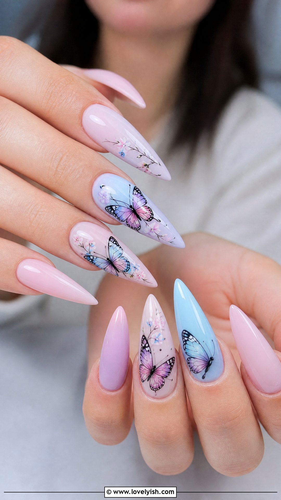 Butterfly Accent Long Stiletto Nails - 50 long stiletto nails - 50 long stiletto nails