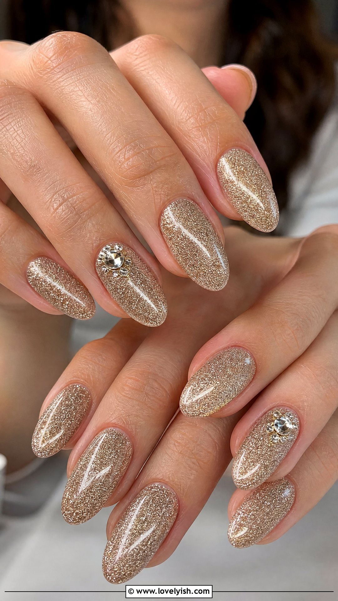 Champagne Glitter Nails With Diamond Accent - 30 nail designs with diamonds - 30 nail designs with diamonds