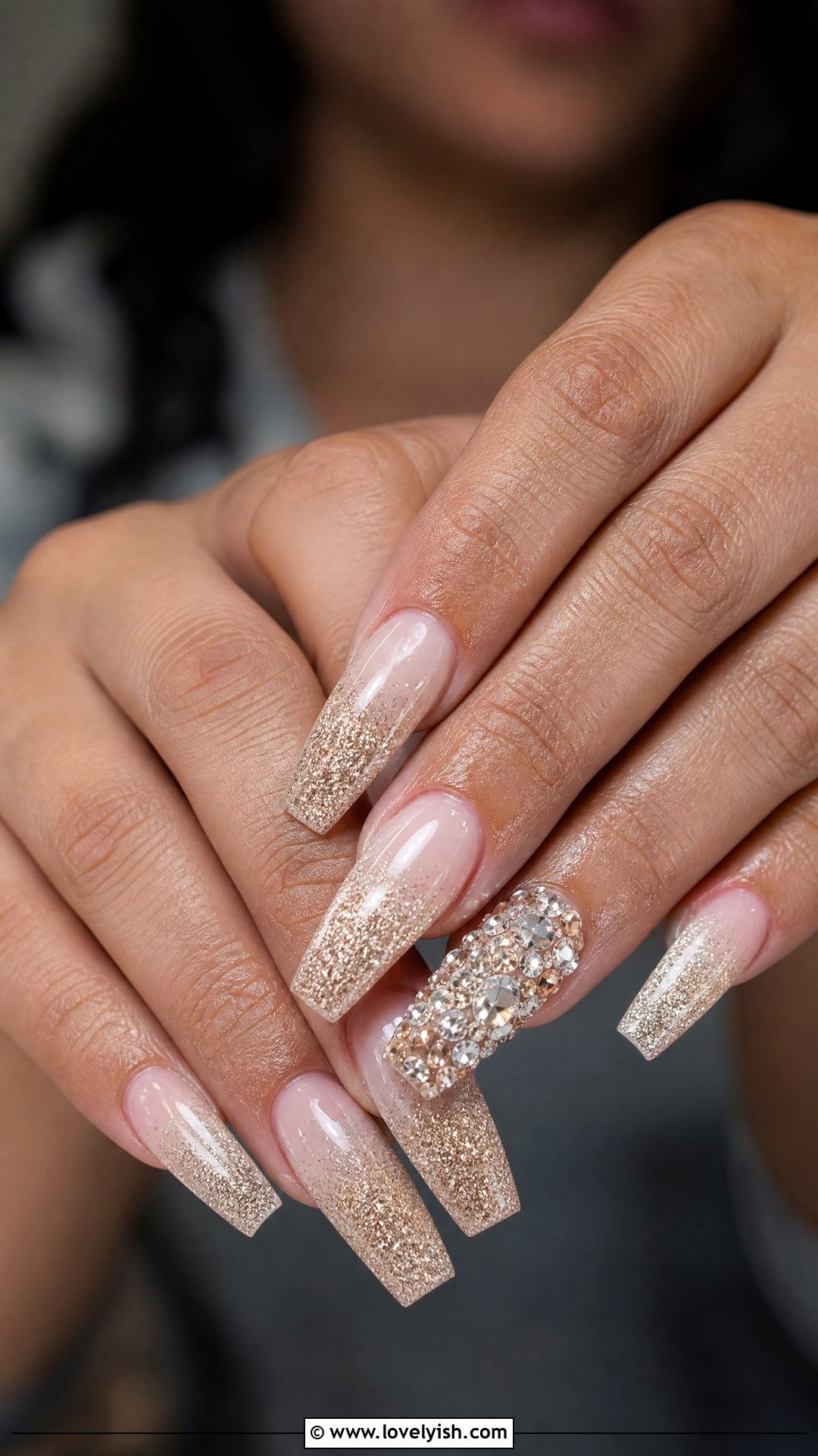 Champagne Glitter Ombre With Full Rhinestone Accent - 29 nail designs with rhinestones - 29 nail designs with rhinestones