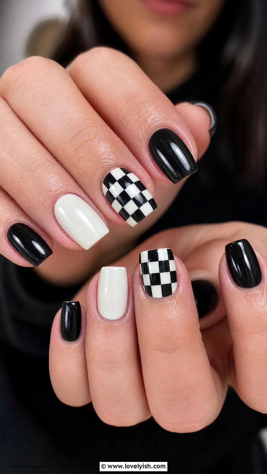 Checkerboard Short Coffin Nails - 38 short coffin nail designs - 38 short coffin nail designs