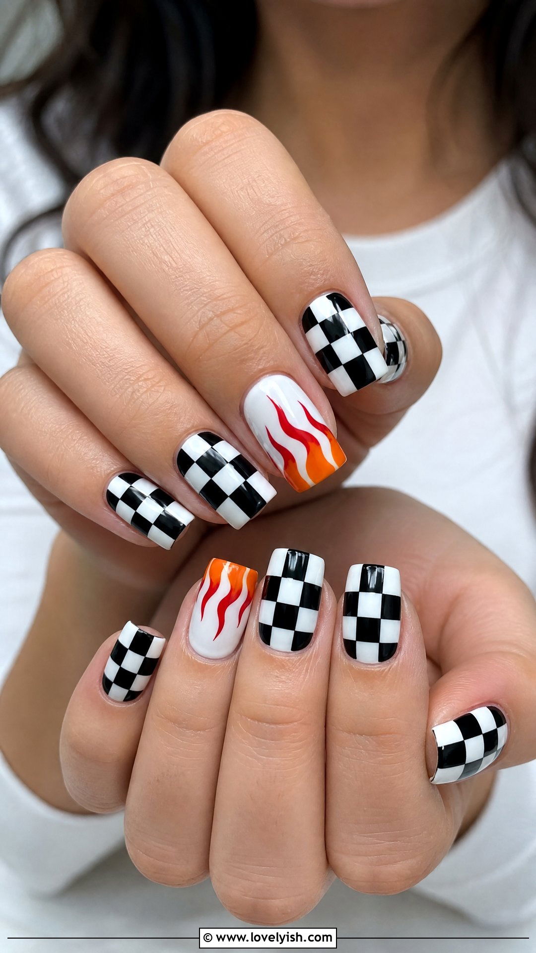 Checkered Nails with Flame Accent - 25 checkered nail designs - 25 checkered nail designs