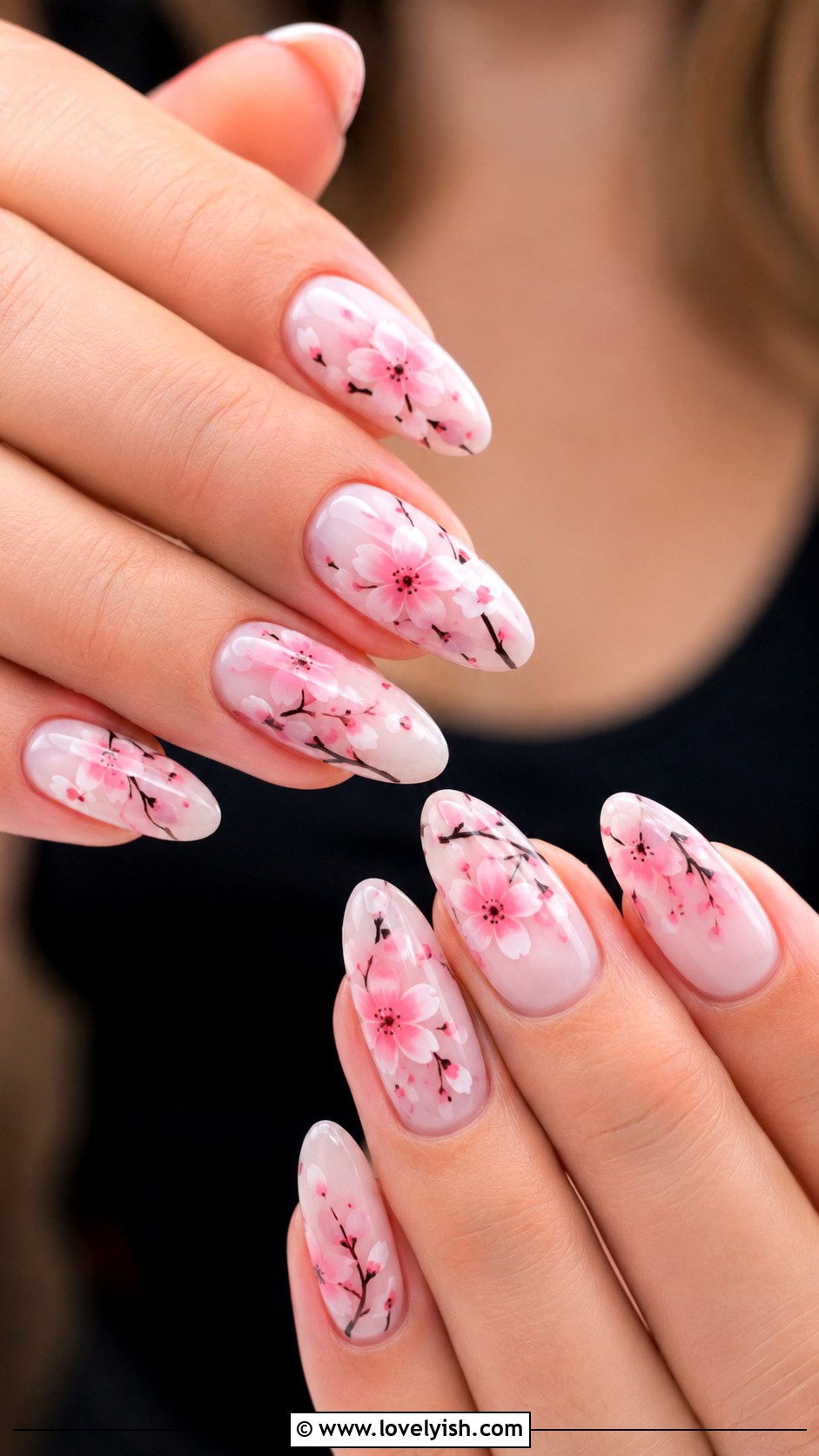 Cherry Blossom Almond Nails - 25 floral nail designs - 25 floral nail designs