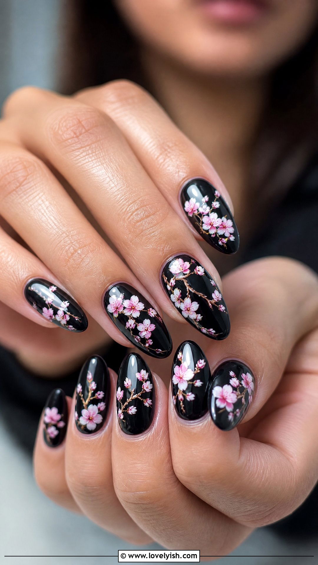 Cherry Blossom on Black Base Nails - 50 cherry blossom nails - 50 cherry blossom nails