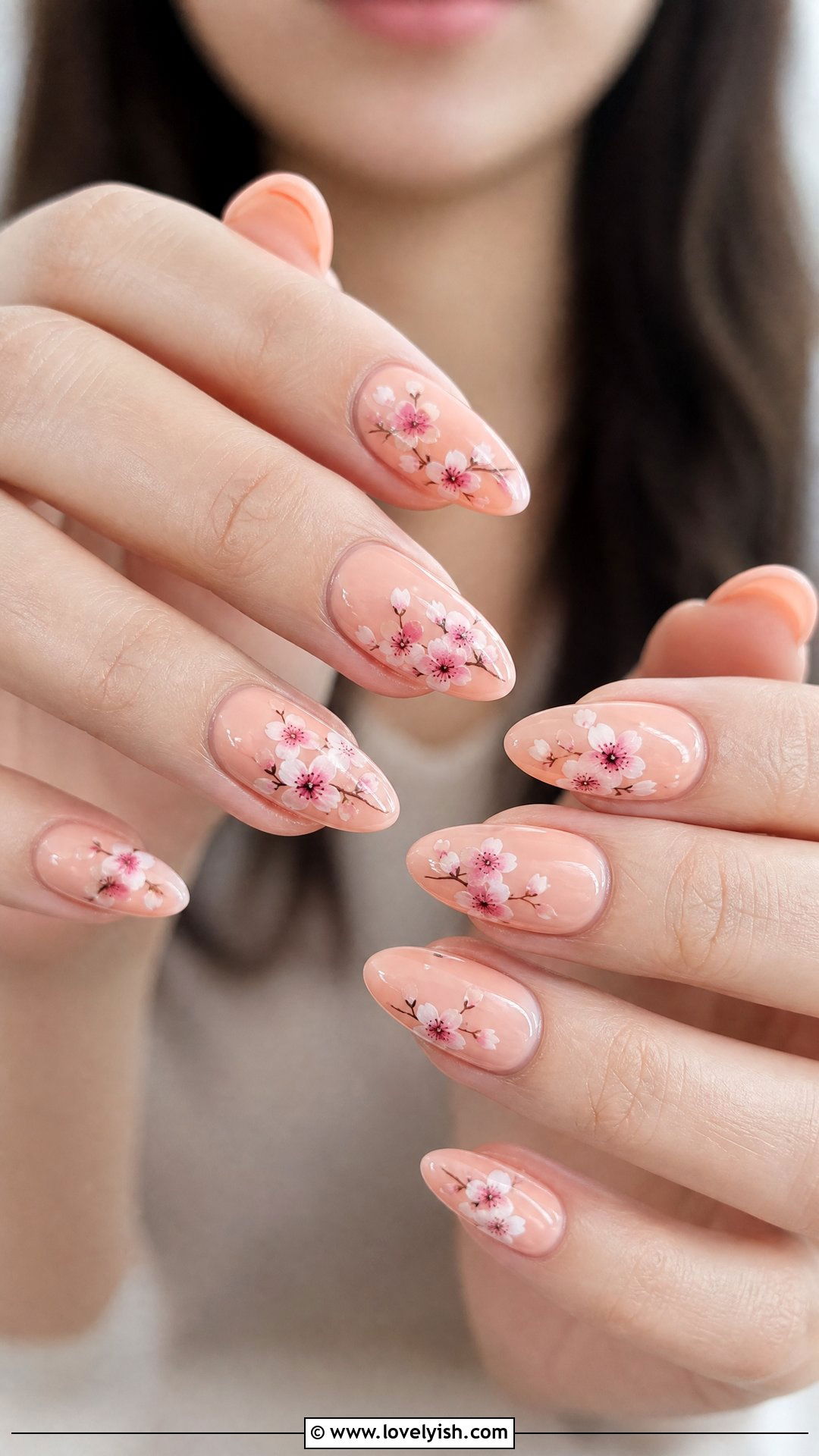 Cherry Blossom on Peach Base Nails - 50 cherry blossom nails - 50 cherry blossom nails