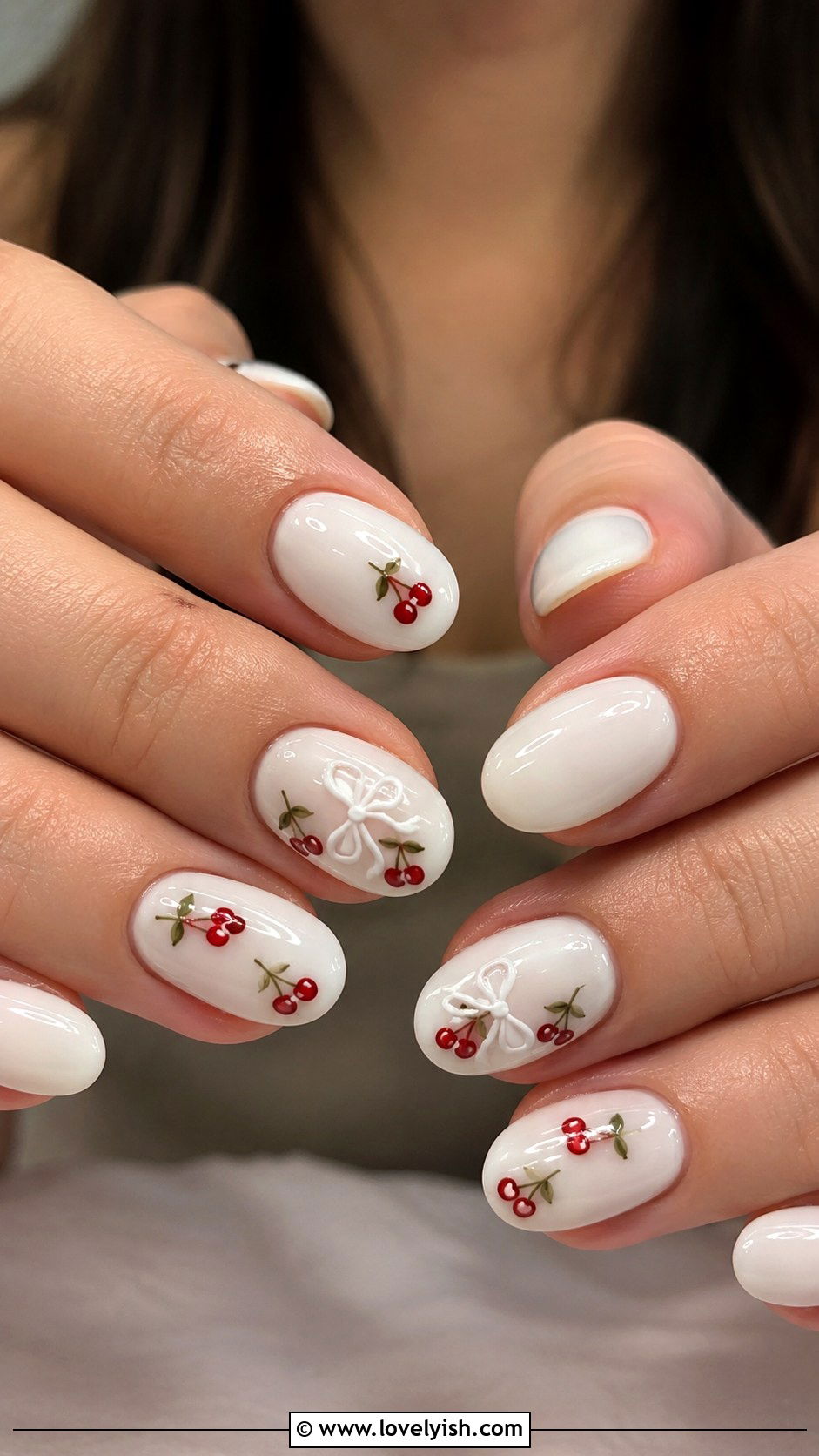 Cherry Bow Accent Nails - 40 nail design summer - 40 nail design summer